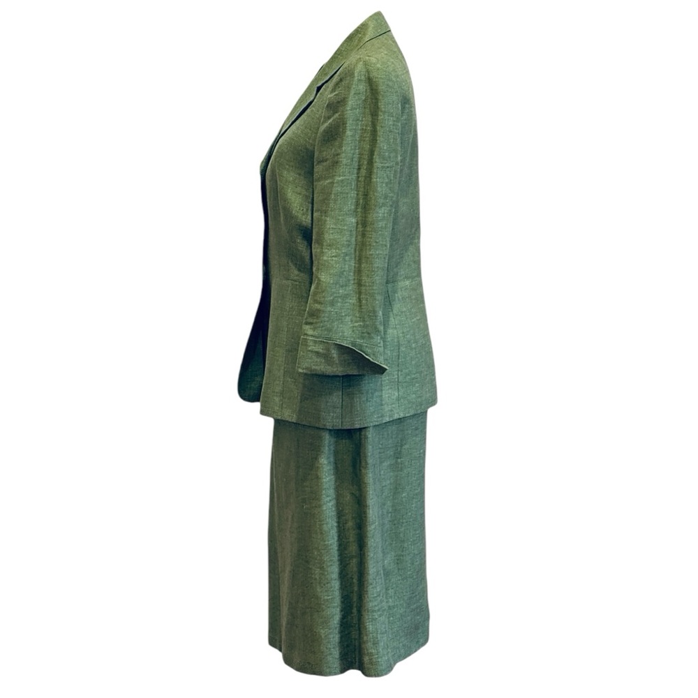 90s 2PC LE SUIT LINEN GREEN LUXURY 3/4 SLEEVES FITTED BLAZER PENCIL SKIRT SZ 8 - Picture 4 of 11